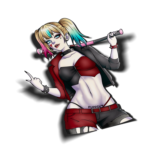 Harley Quinn kiss-cut vinyl sticker on transparent background, pink and teal pigtails, red and black corset top, spiked choker, baseball bat over shoulder, DC Comics fan art.