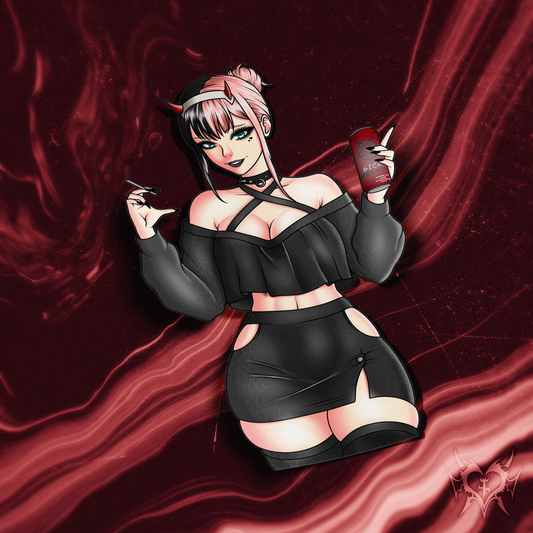 Goth Zero Two kiss-cut anime sticker on red smoke store background, goth-styled Darling in the Franxx character.
