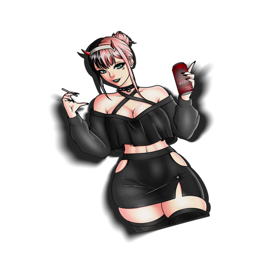 Goth Zero Two kiss-cut vinyl sticker on transparent background, pink hair with red devil horn headband, black off-shoulder crop top, holding an energy drink can and cigarette, Darling in the Franxx fan art.