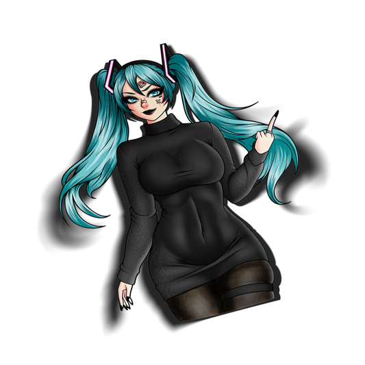 Goth Hatsune Miku kiss-cut anime sticker with a drop shadow on a transparent background. Vocaloid inspired vinyl sticker of goth Miku in a black turtleneck sweater dress playfully flipping off the viewer.