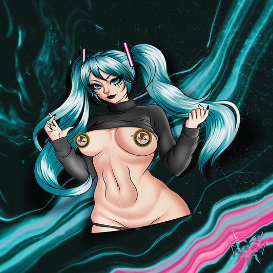 [Classified] Goth Hatsune Miku kiss-cut anime sticker on a teal abstract background.
