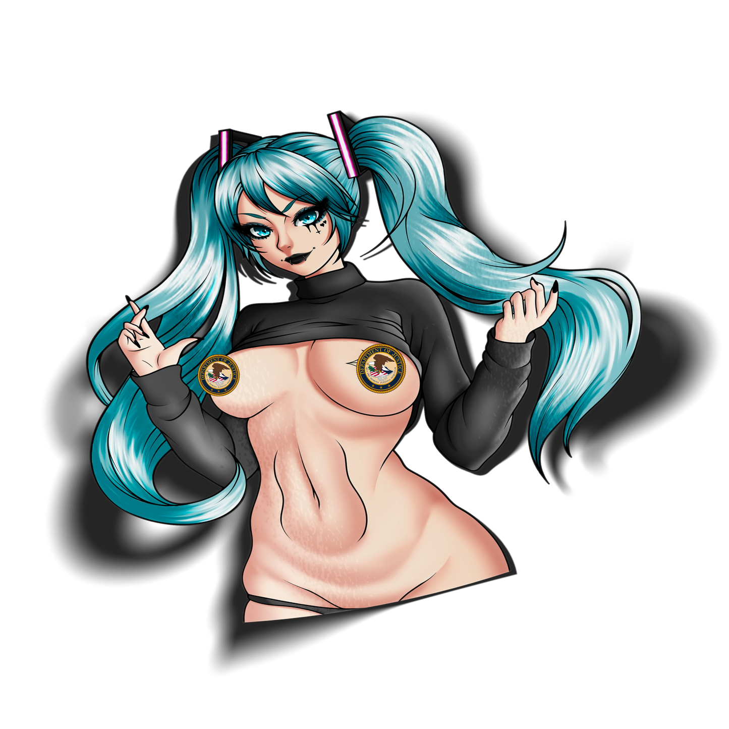 [Classified] Goth Hatsune Miku kiss-cut anime sticker with a drop shadow on a transparent background. Vocaloid inspired vinyl sticker of goth Miku in a black crop turtleneck with Department of Justice seal censor stickers.