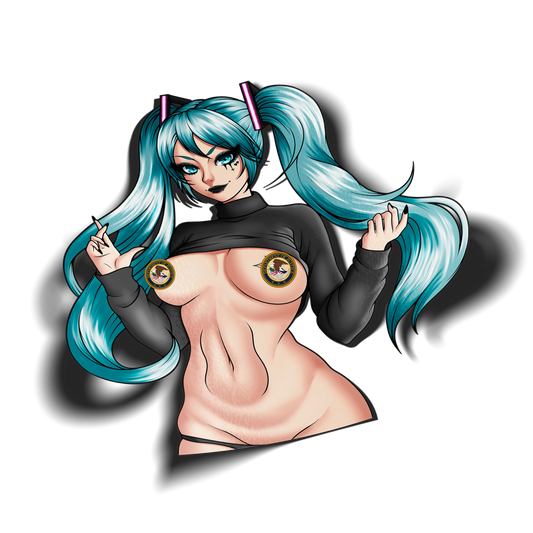 [Classified] Goth Hatsune Miku kiss-cut anime sticker with a drop shadow on a transparent background. Vocaloid inspired vinyl sticker of goth Miku in a black crop turtleneck with Department of Justice seal censor stickers.