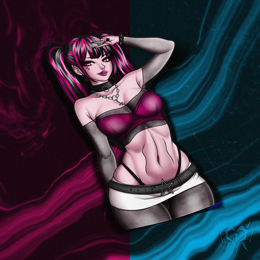 Draculaura kiss-cut anime sticker on a split pink and blue abstract background.