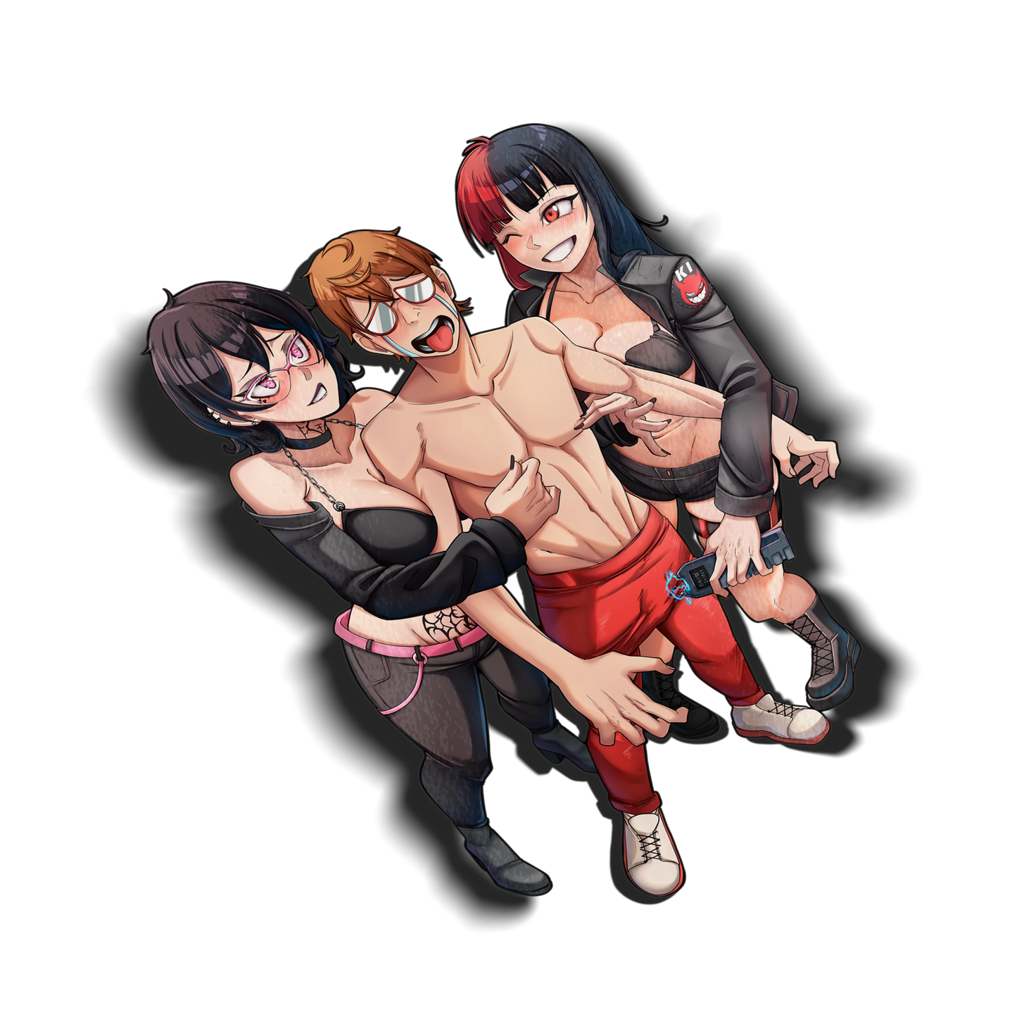 Noushi X Gwen kiss-cut anime sticker with a drop shadow on a transparent background. Always Sick x KiloxCo collab vinyl sticker of Noushi and Gwen flanking a shirtless character in red pants.