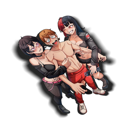 Noushi X Gwen kiss-cut anime sticker with a drop shadow on a transparent background. Always Sick x KiloxCo collab vinyl sticker of Noushi and Gwen flanking a shirtless character in red pants.