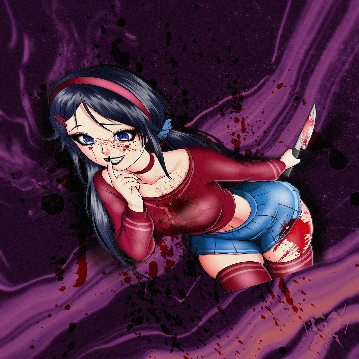 Mita kiss-cut anime sticker, bloody version, on a purple abstract background.