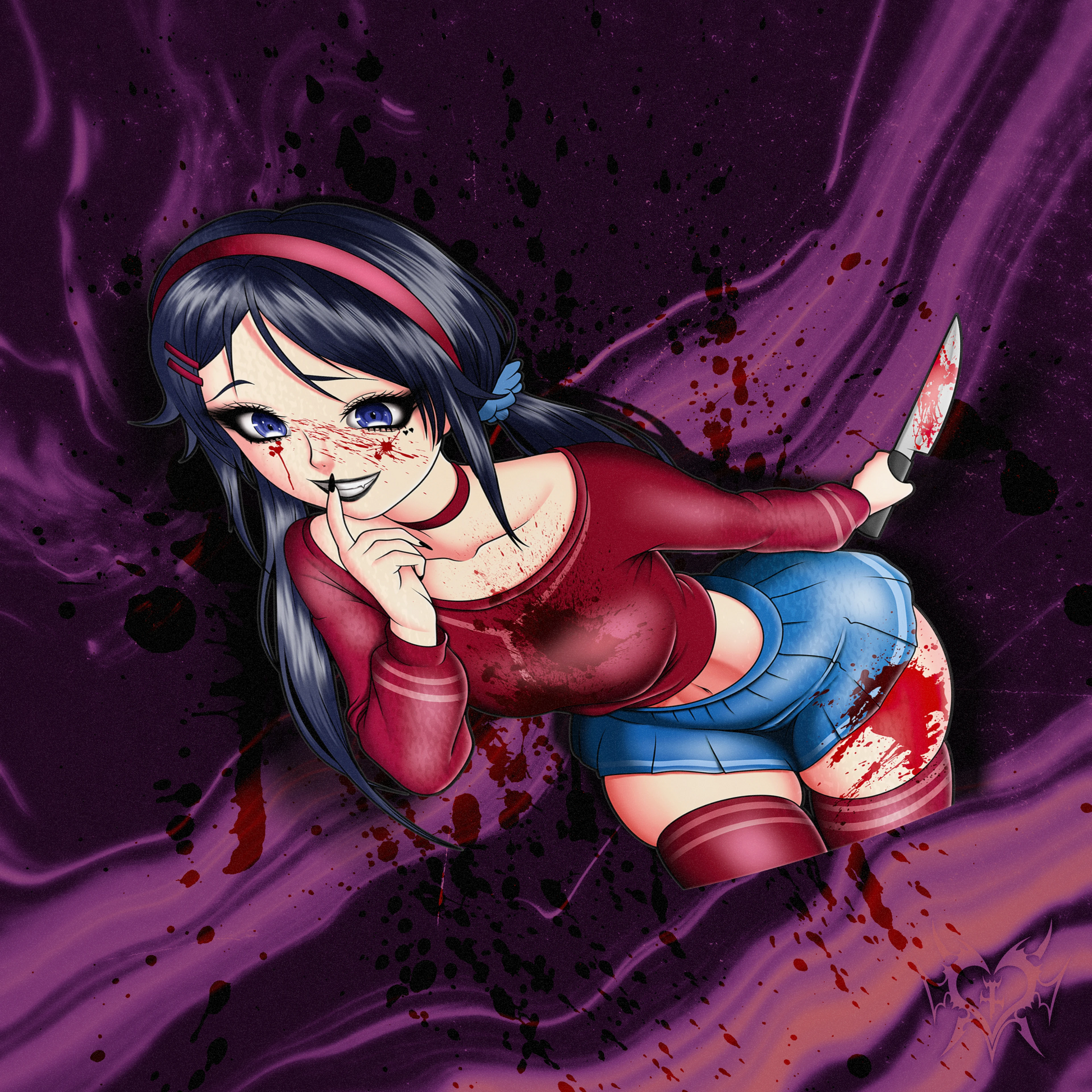 Mita kiss-cut anime sticker, bloody version, on a purple abstract background.