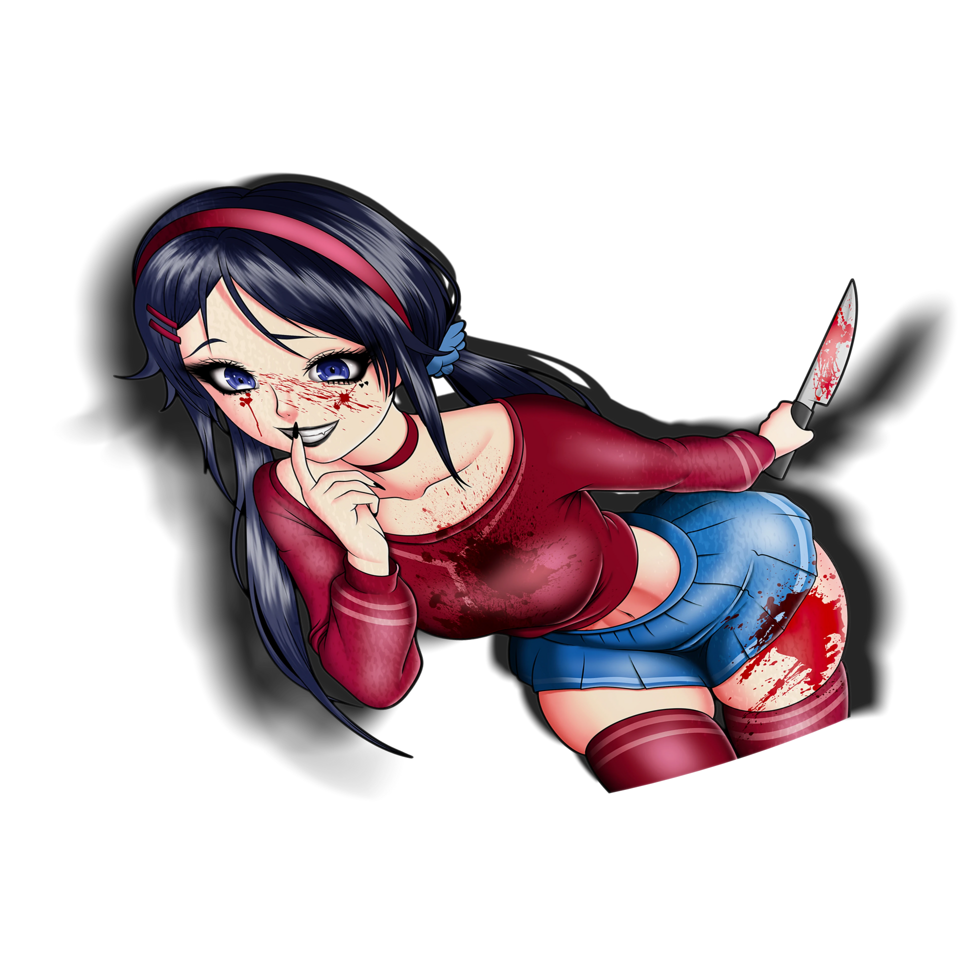Mita kiss-cut anime sticker, bloody version, with a drop shadow on a transparent background. MiSide inspired vinyl sticker of Mita holding a bloody knife with blood splatter on her outfit.