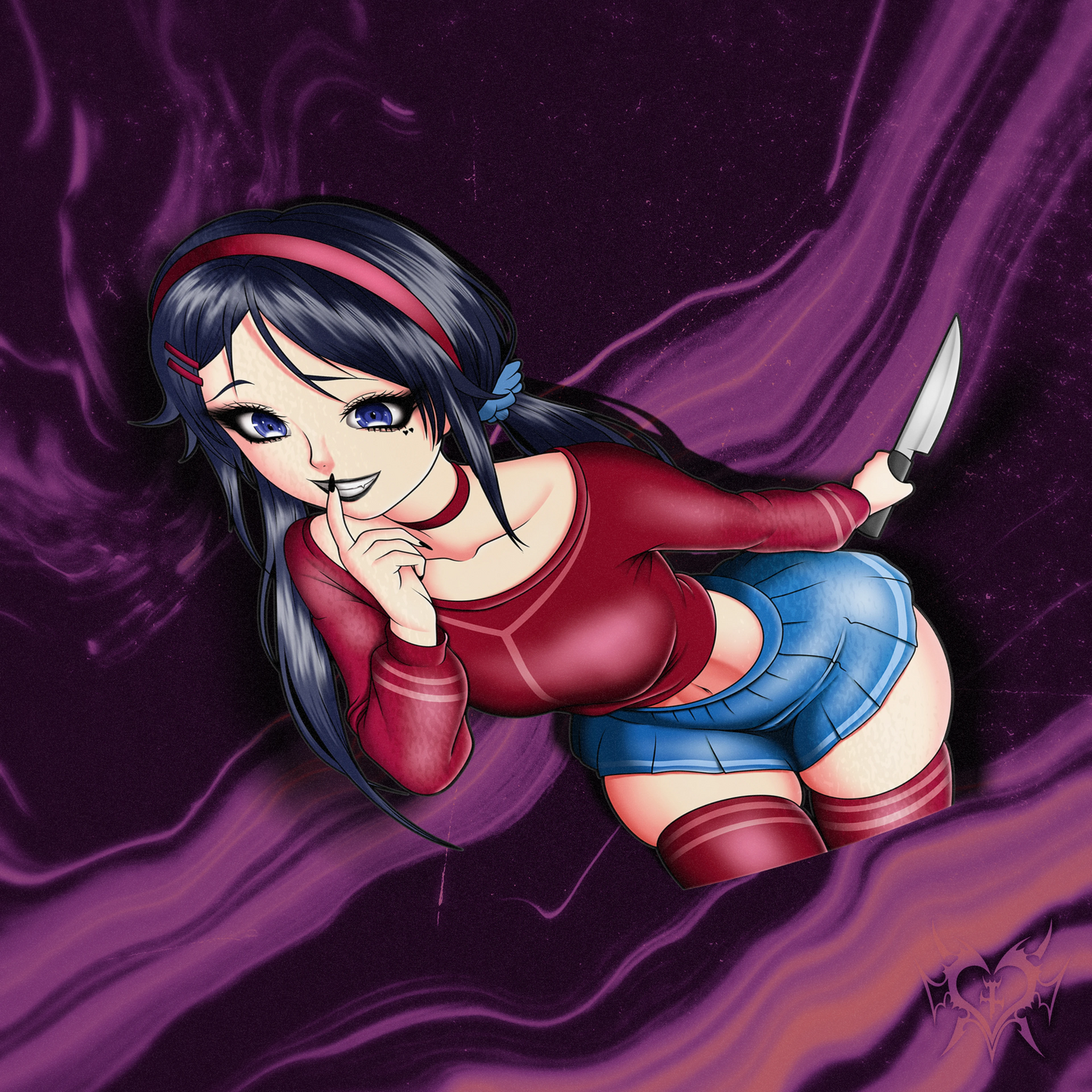 Mita kiss-cut anime sticker, clean version, on a purple abstract background.