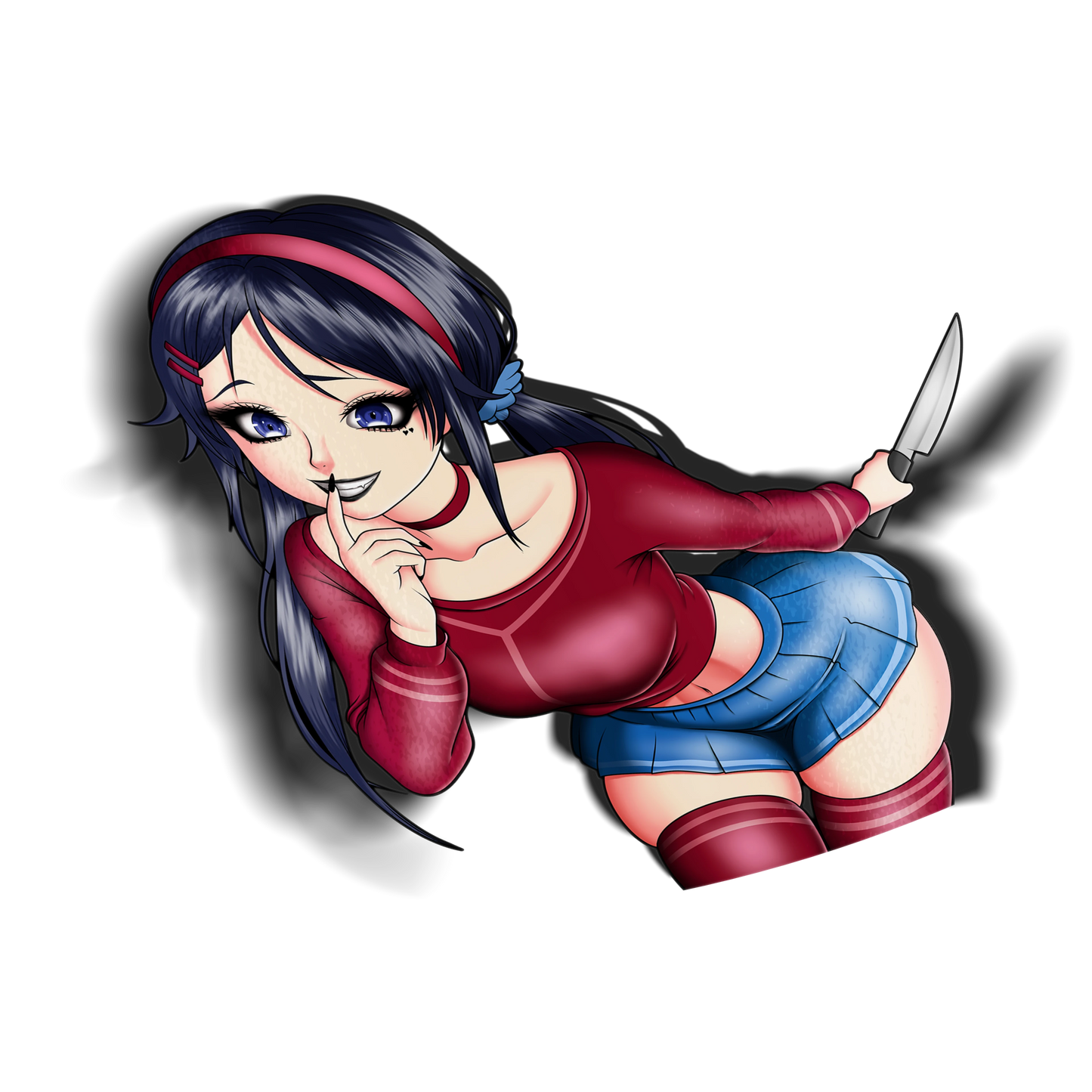 Mita kiss-cut anime sticker, clean version, with a drop shadow on a transparent background. MiSide inspired vinyl sticker of Mita in a red sweater and blue skirt with a finger to her lips.