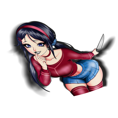 Mita kiss-cut anime sticker, clean version, with a drop shadow on a transparent background. MiSide inspired vinyl sticker of Mita in a red sweater and blue skirt with a finger to her lips.