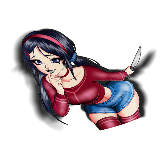 Mita kiss-cut anime sticker, clean version, with a drop shadow on a transparent background. MiSide inspired vinyl sticker of Mita in a red sweater and blue skirt with a finger to her lips.