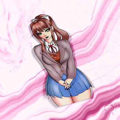 Just Monika kiss-cut anime sticker on a pink abstract background.