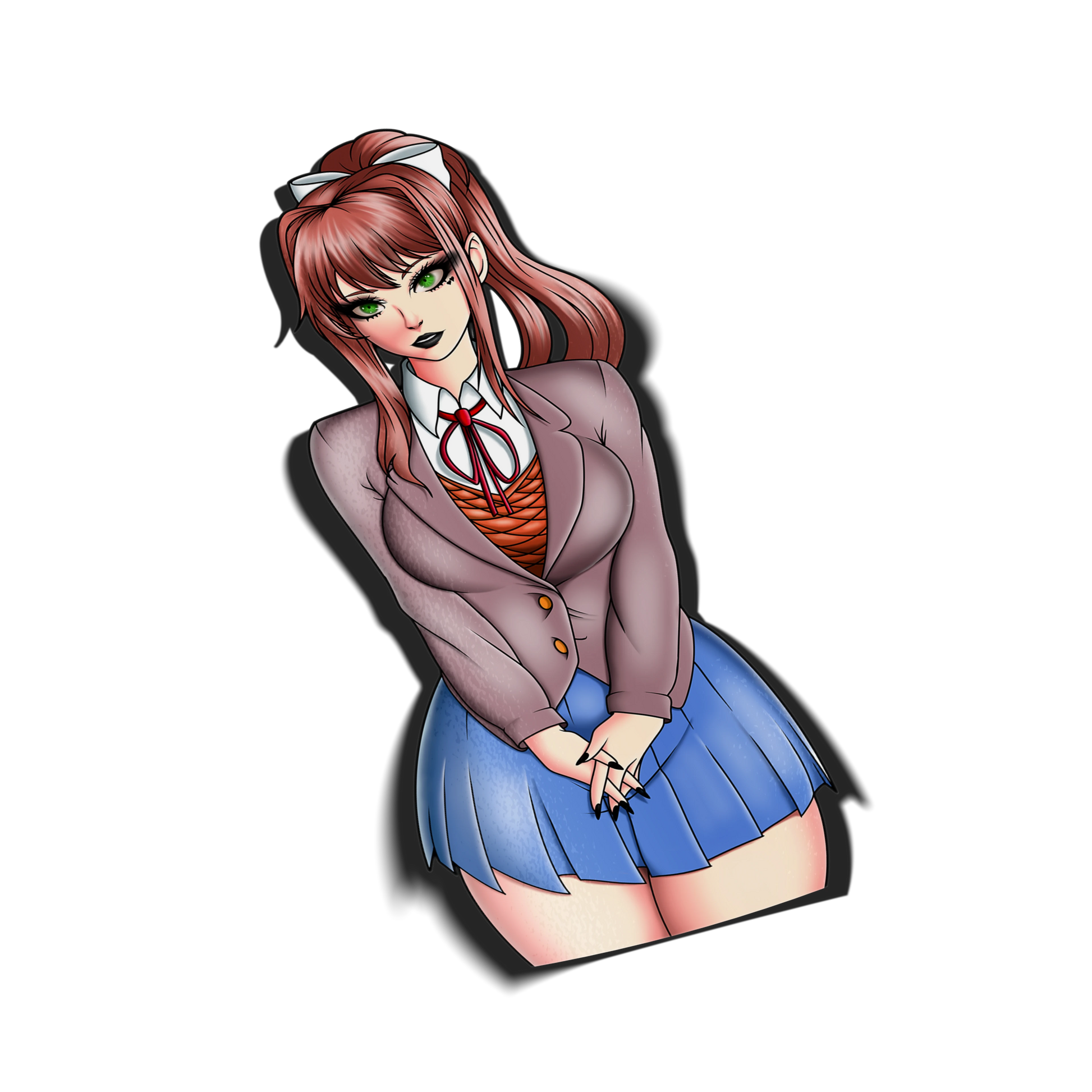 Just Monika kiss-cut anime sticker with a drop shadow on a transparent background. Doki Doki Literature Club inspired vinyl sticker of Monika in her school uniform with hands clasped.