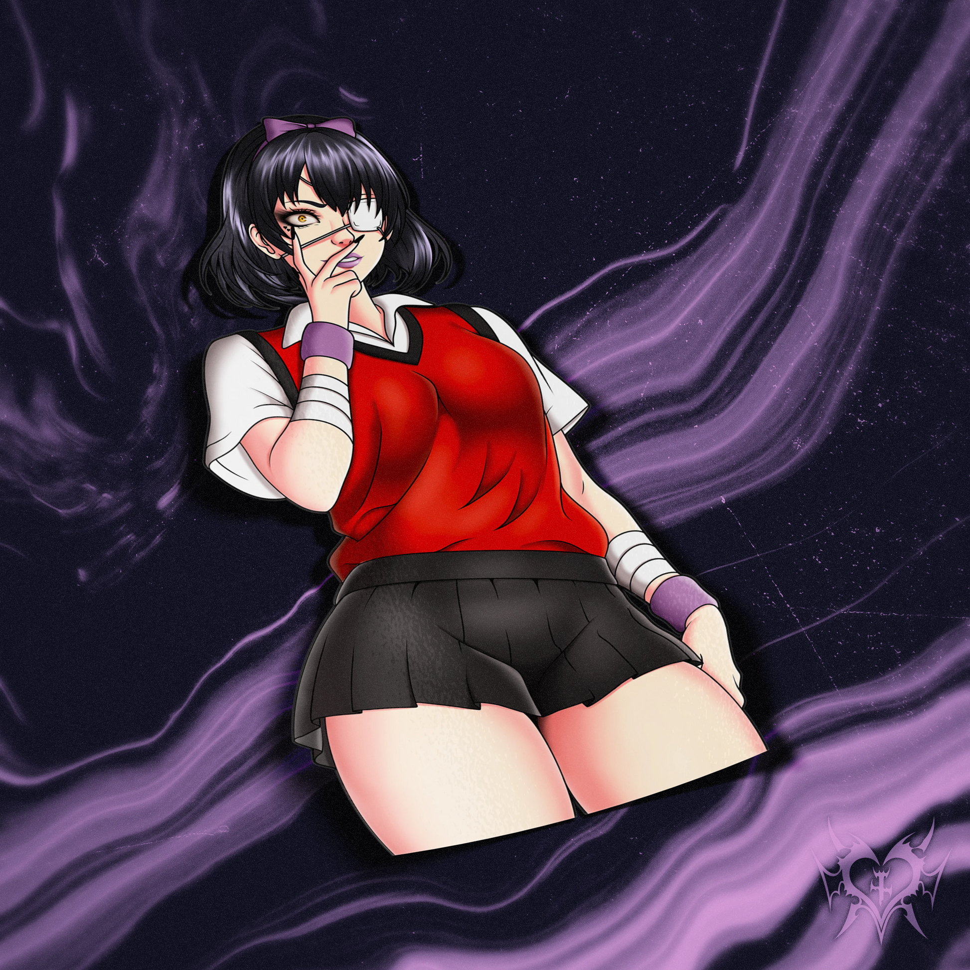 Midari Ikishima kiss-cut anime sticker on a purple abstract background.