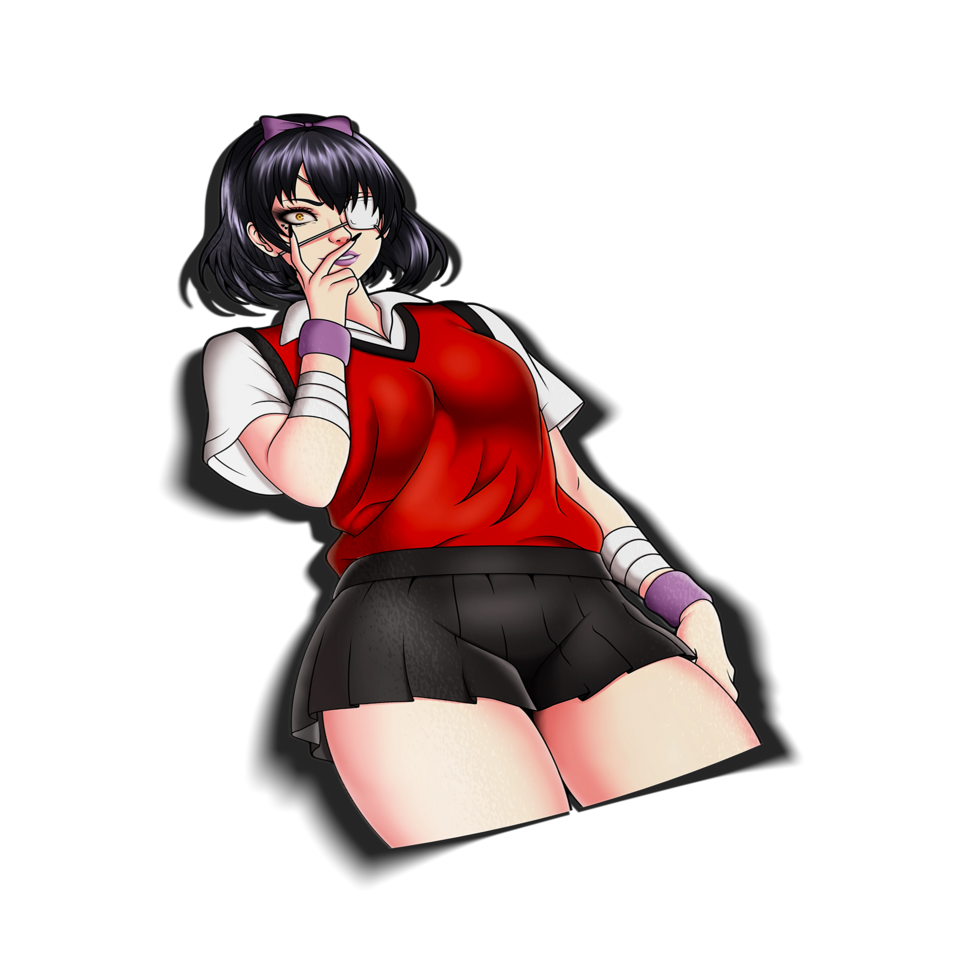Midari Ikishima kiss-cut anime sticker with a drop shadow on a transparent background. Kakegurui inspired vinyl sticker of Midari in her school uniform with an eyepatch, finger to her lips.