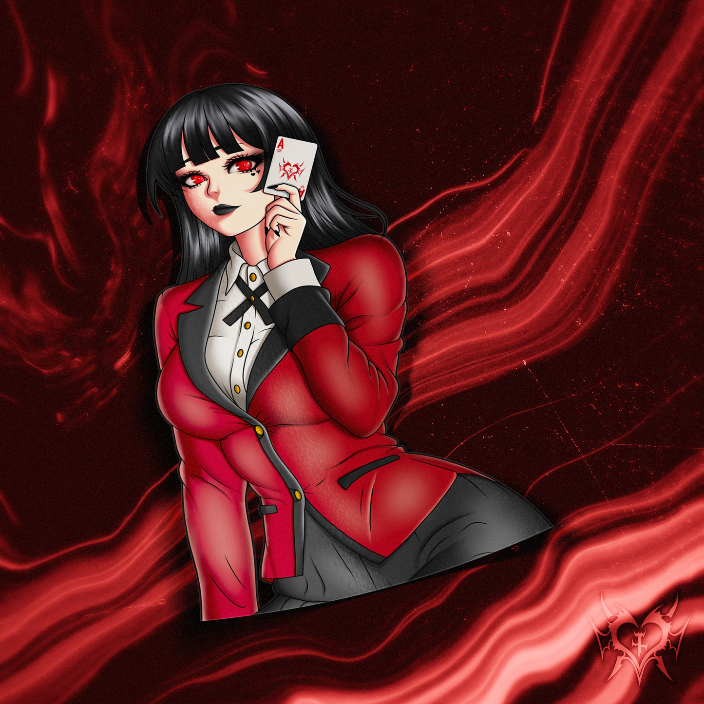 Yumeko Jabami kiss-cut anime sticker on a red abstract background.