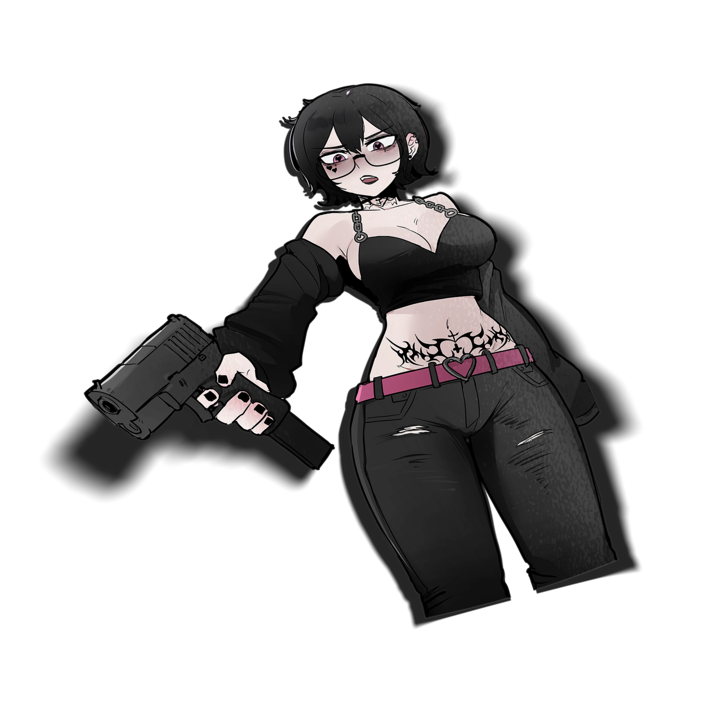 ANTIFA Noushi kiss-cut sticker, holding a pistol in a black chain-strap crop top and ripped jeans, on a transparent background