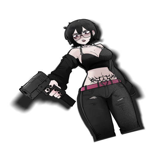 ANTIFA Noushi kiss-cut sticker, holding a pistol in a black chain-strap crop top and ripped jeans, on a transparent background