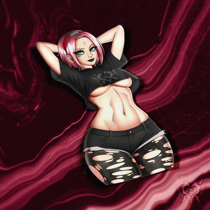Goth Sakura Haruno kiss-cut sticker shown on a dark red smoky Always Sick branded background