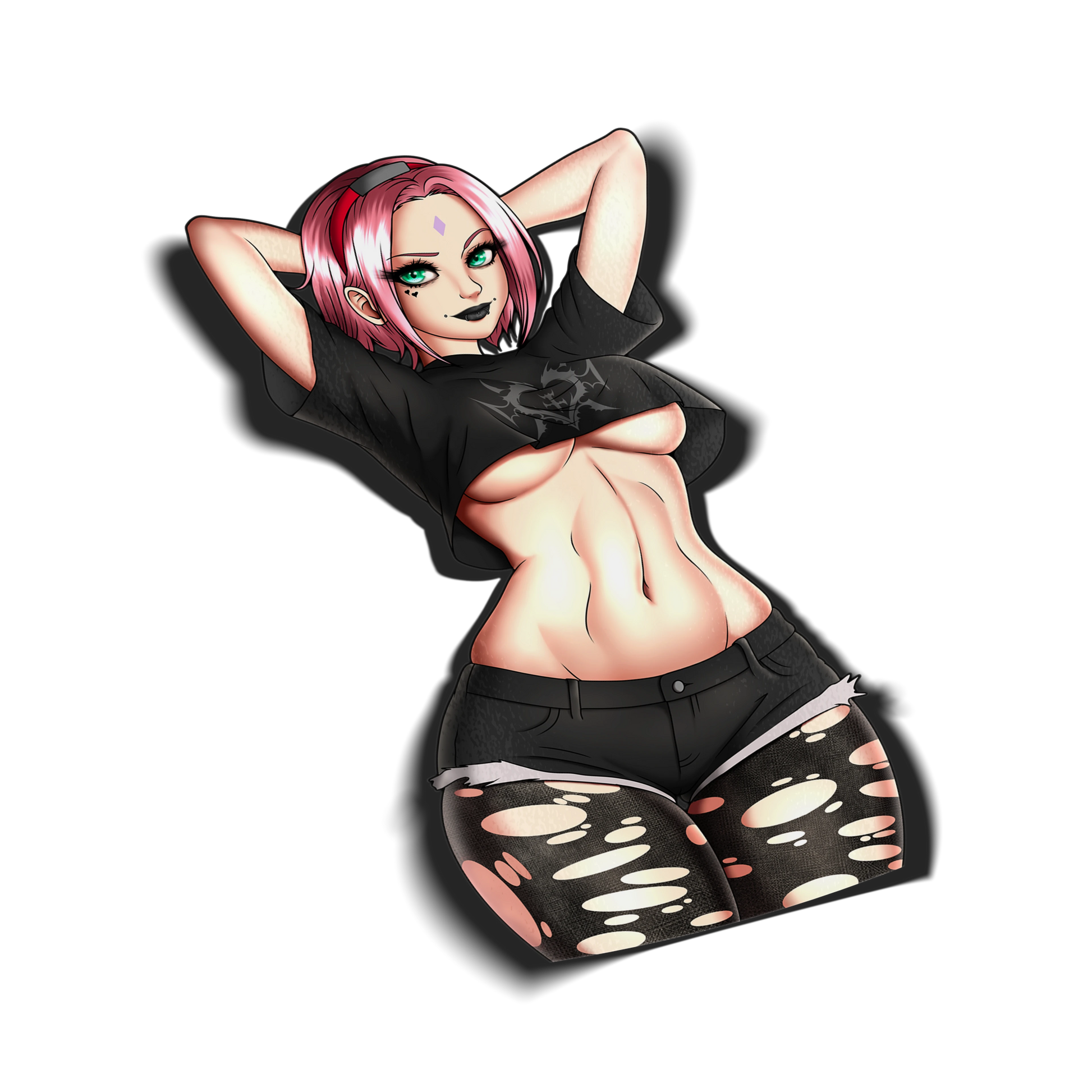 Goth Sakura Haruno kiss-cut sticker, pink hair with a red headband, lying back in a cropped black t-shirt and ripped shorts with fishnets, on a transparent background