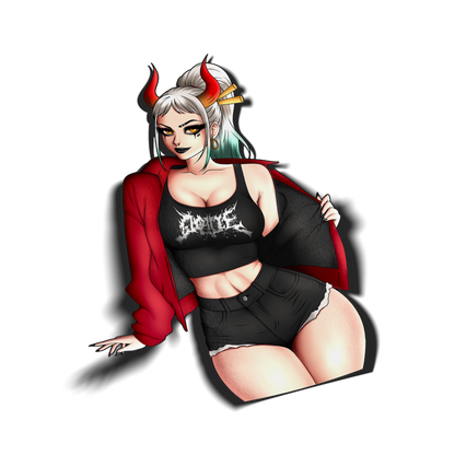 Goth Yamato kiss-cut sticker, white hair styled up with red devil horns and chopsticks, wearing a red jacket over a black graphic tank top and shorts, on a transparent background