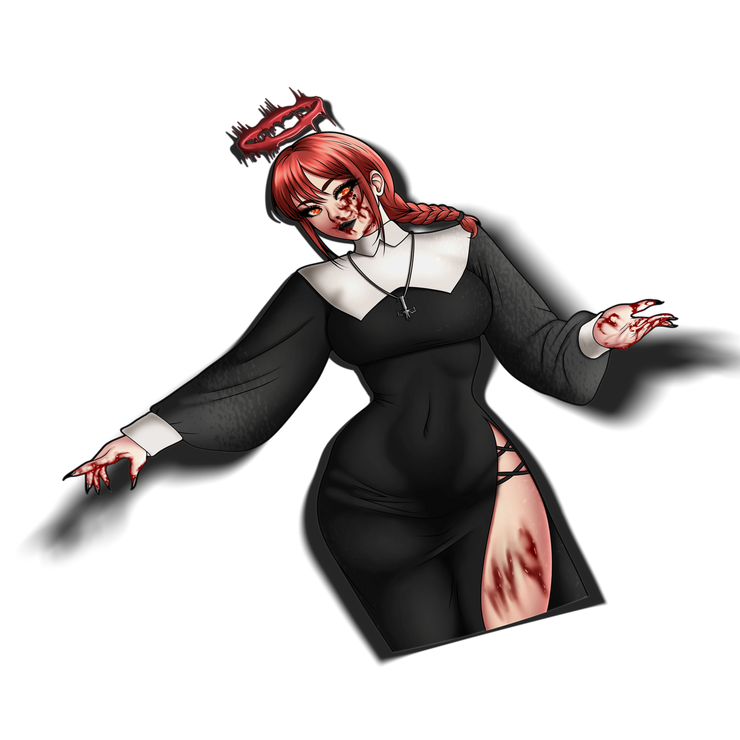 Nun Makima kiss-cut sticker, bloody variant, red hair in a braid with a dripping halo, blood on her face and hands, wearing a black and white nun habit, on a transparent background