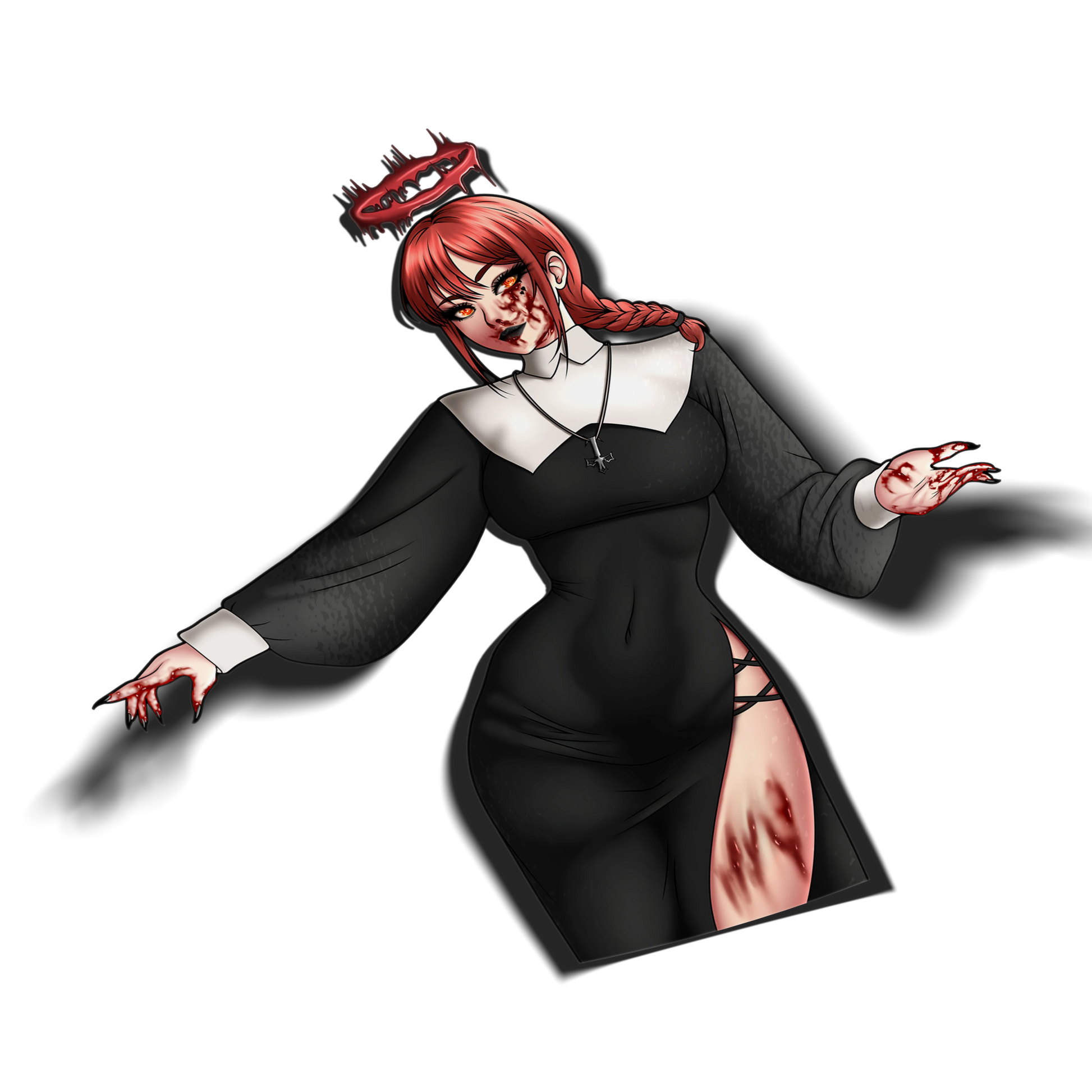 Nun Makima kiss-cut sticker, bloody variant, red hair in a braid with a dripping halo, blood on her face and hands, wearing a black and white nun habit, on a transparent background