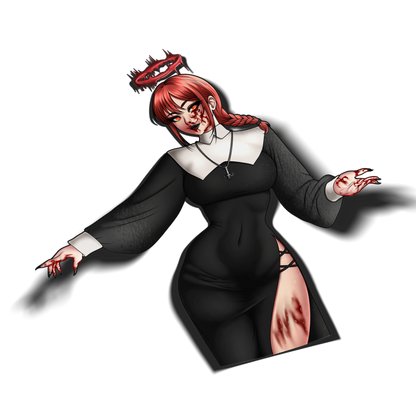 Nun Makima kiss-cut sticker, bloody variant, red hair in a braid with a dripping halo, blood on her face and hands, wearing a black and white nun habit, on a transparent background