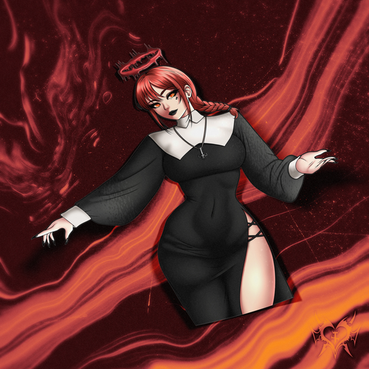 Nun Makima kiss-cut sticker, normal variant, shown on a dark red smoky Always Sick branded background
