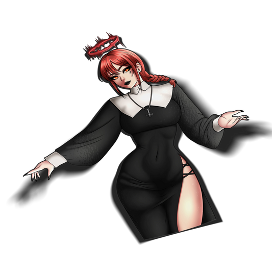 Nun Makima kiss-cut sticker, normal variant, red hair in a braid with a dripping halo, wearing a black and white nun habit, on a transparent background