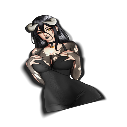 Goth Albedo kiss-cut sticker, black hair with pale horns, wearing a black dress with a spotted sheer overlay and an Albedo dog-tag choker, on a transparent background