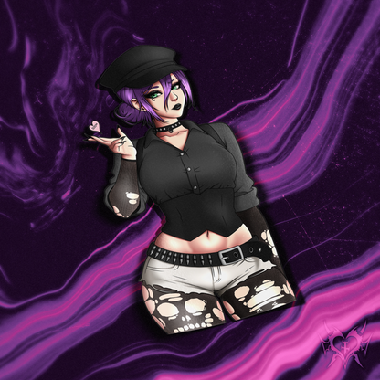 Goth Reze kiss-cut sticker on a purple smoke background, wearing a black newsboy cap, choker, cropped black button-up, and skull-print shorts with a bullet belt