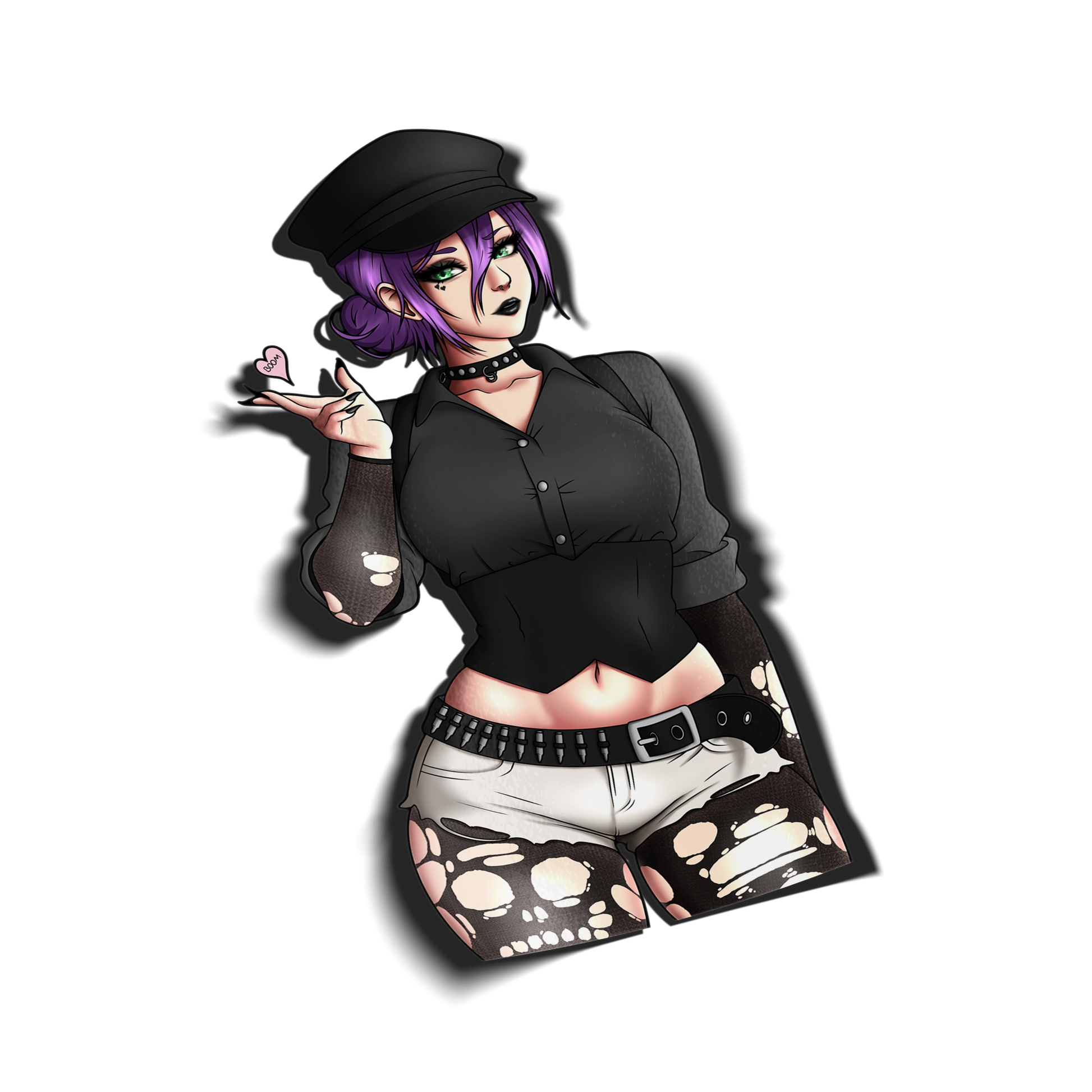 Goth Reze kiss-cut sticker on a transparent background, wearing a black newsboy cap, choker, cropped black button-up, and skull-print shorts with a bullet belt