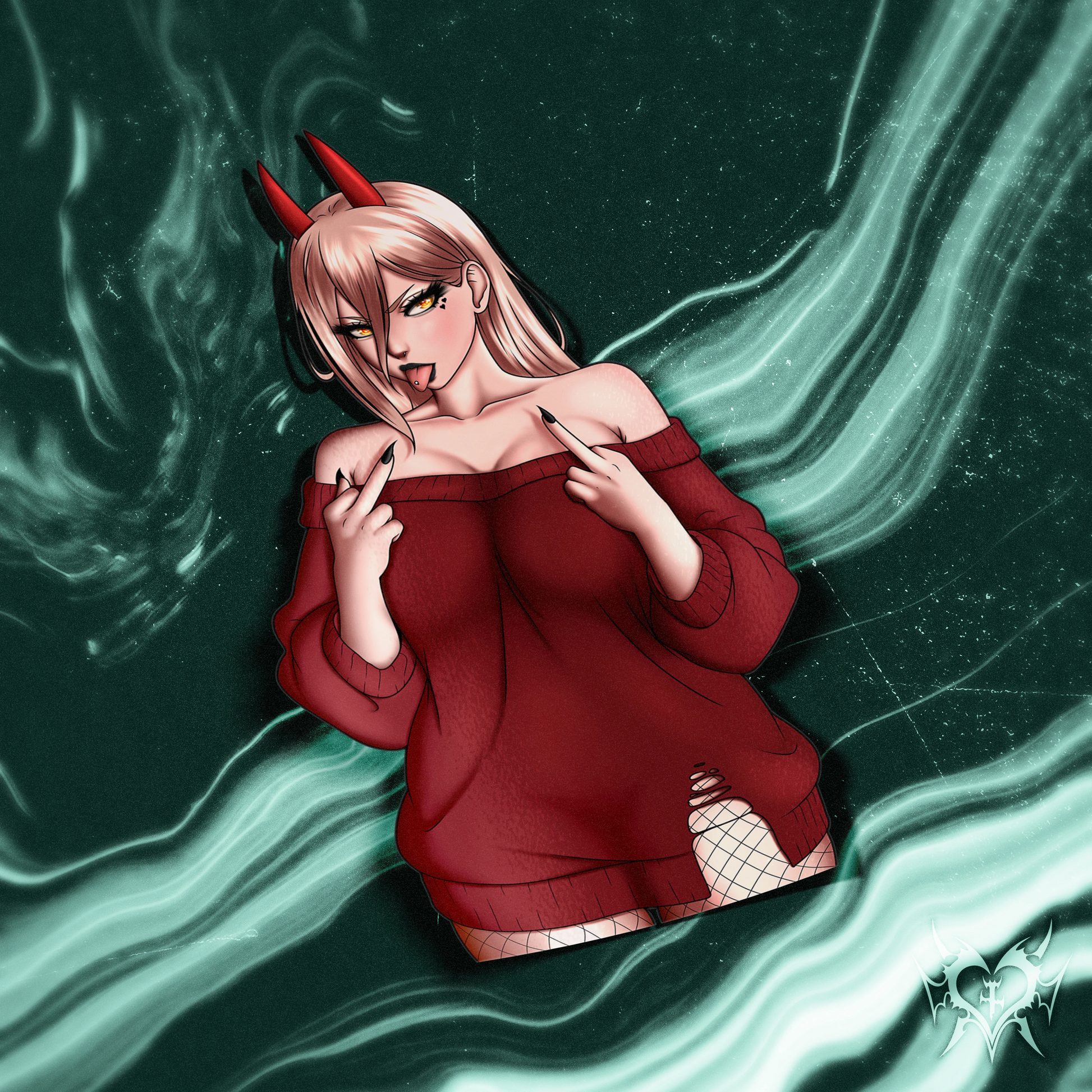Power kiss-cut sticker on a dark teal smoke background, red devil horns, off-shoulder red sweater, fishnet tights, holding up her middle fingers