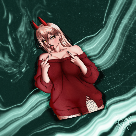 Power kiss-cut sticker on a dark teal smoke background, red devil horns, off-shoulder red sweater, fishnet tights, holding up her middle fingers