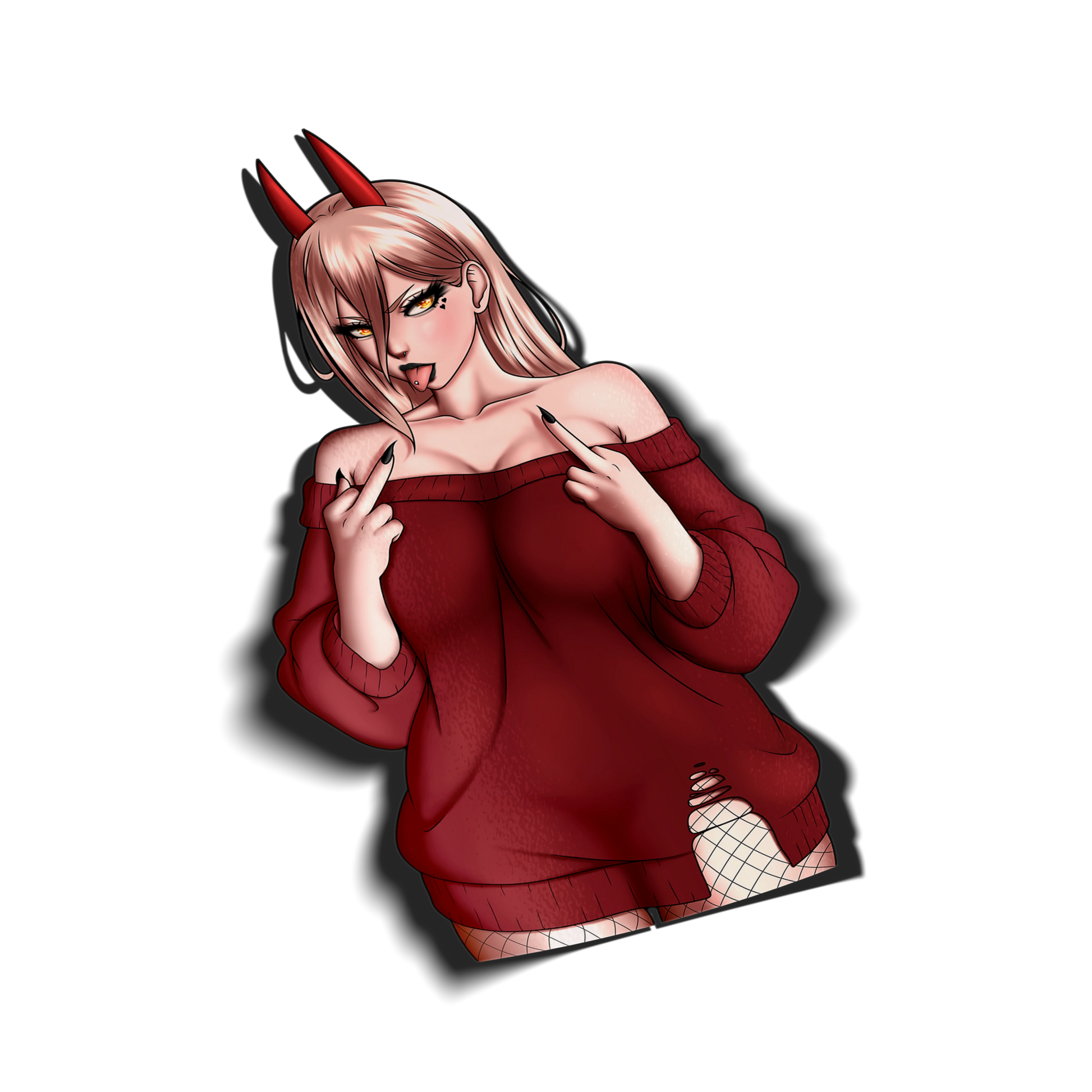Power kiss-cut sticker on a transparent background, red devil horns, off-shoulder red sweater, fishnet tights, holding up her middle fingers