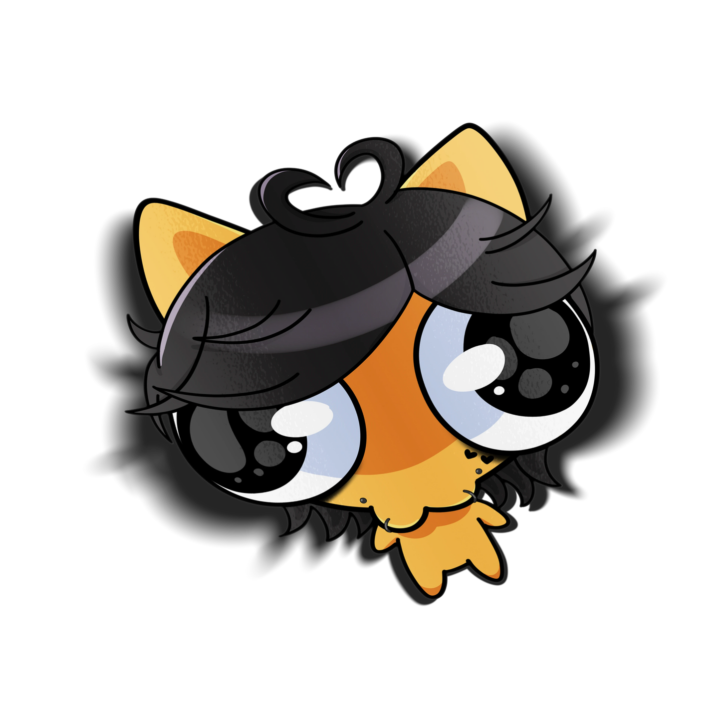 Kitty Noushi kiss-cut sticker, chibi-style cat girl with big black eyes, dark hair, and yellow cat ears, on a transparent background
