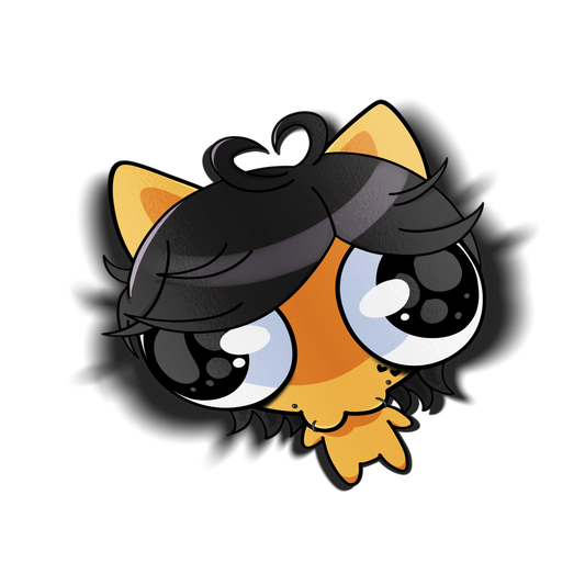 Kitty Noushi kiss-cut sticker, chibi-style cat girl with big black eyes, dark hair, and yellow cat ears, on a transparent background