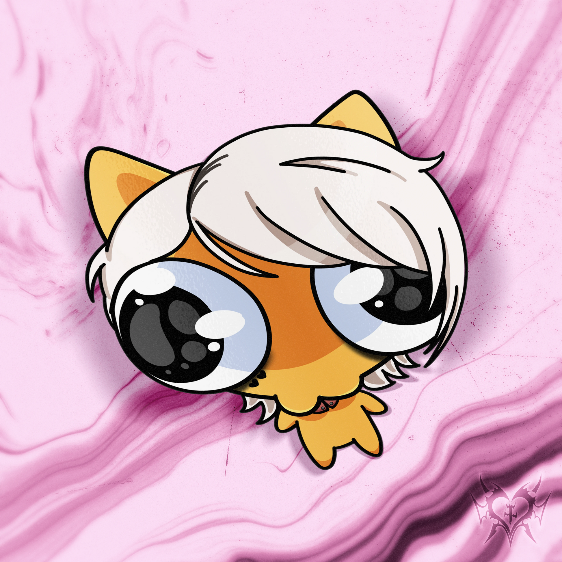 Kitty Chihime kiss-cut sticker on a pink smoke background, chibi cat-eared white bob haircut and big blue eyes, an Always Sick x Happy Ami collab design