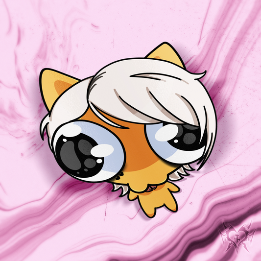 Kitty Chihime kiss-cut sticker on a pink smoke background, chibi cat-eared white bob haircut and big blue eyes, an Always Sick x Happy Ami collab design