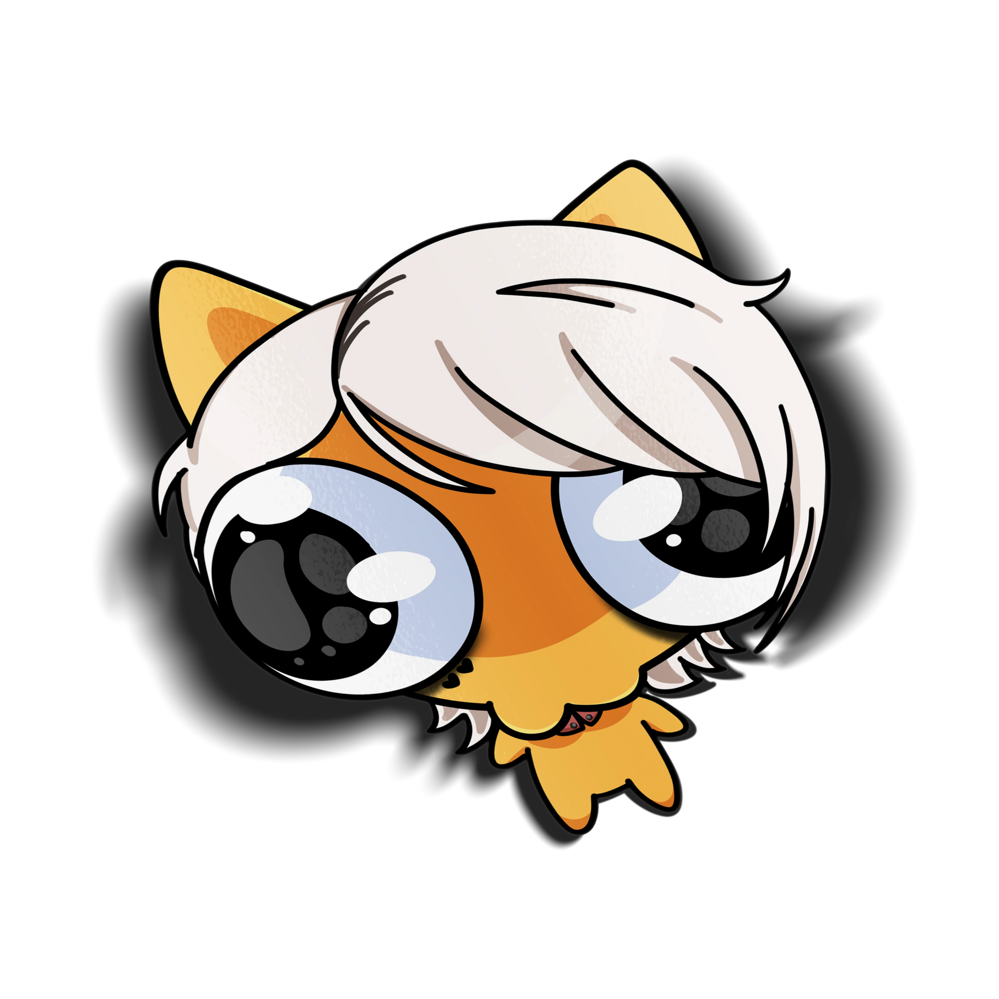 Kitty Chihime kiss-cut sticker on a transparent background, chibi cat-eared white bob haircut and big blue eyes, an Always Sick x Happy Ami collab design