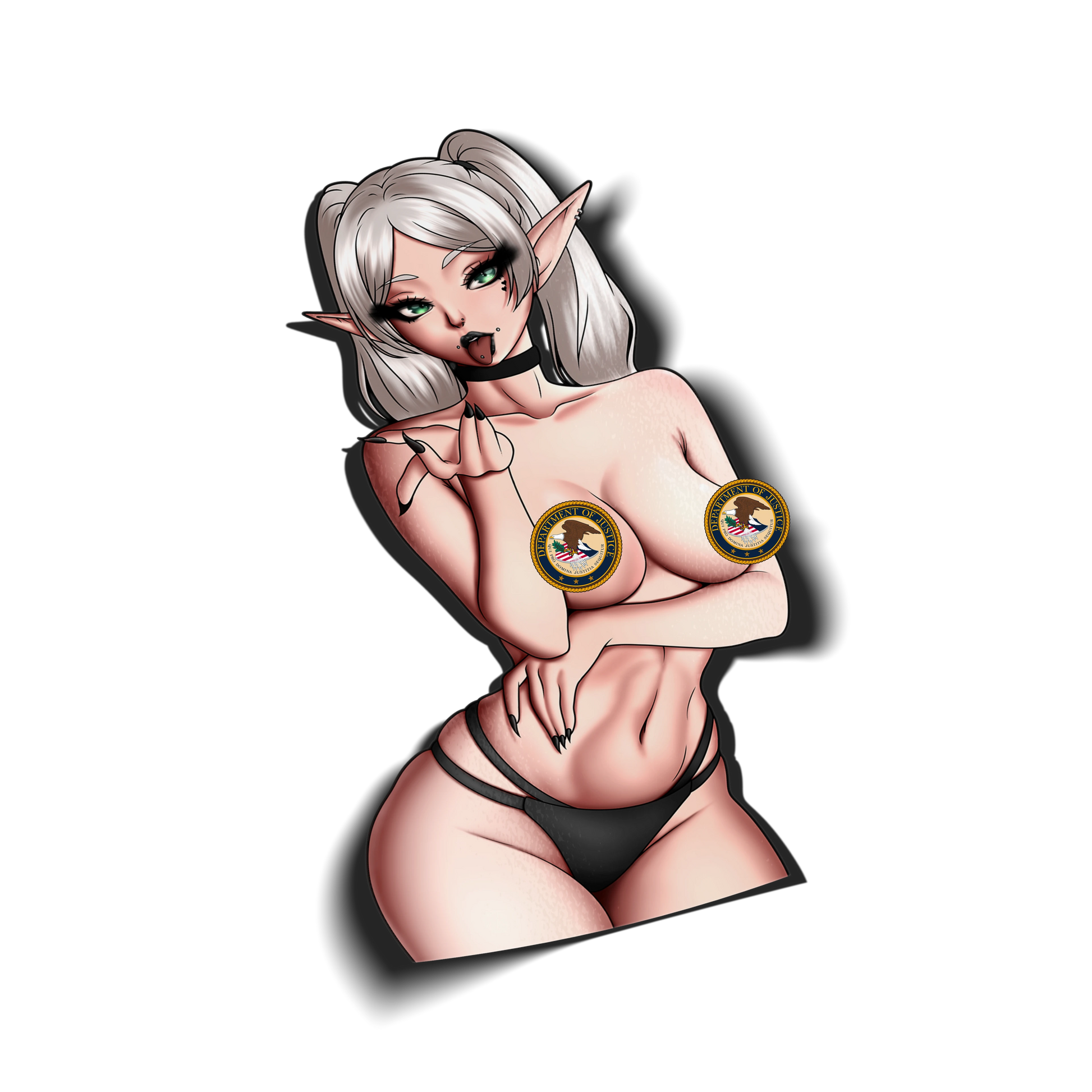 [Classified] Frieren kiss-cut sticker on a transparent background, silver twin-tails and elf ears, censor badges, black choker and thong