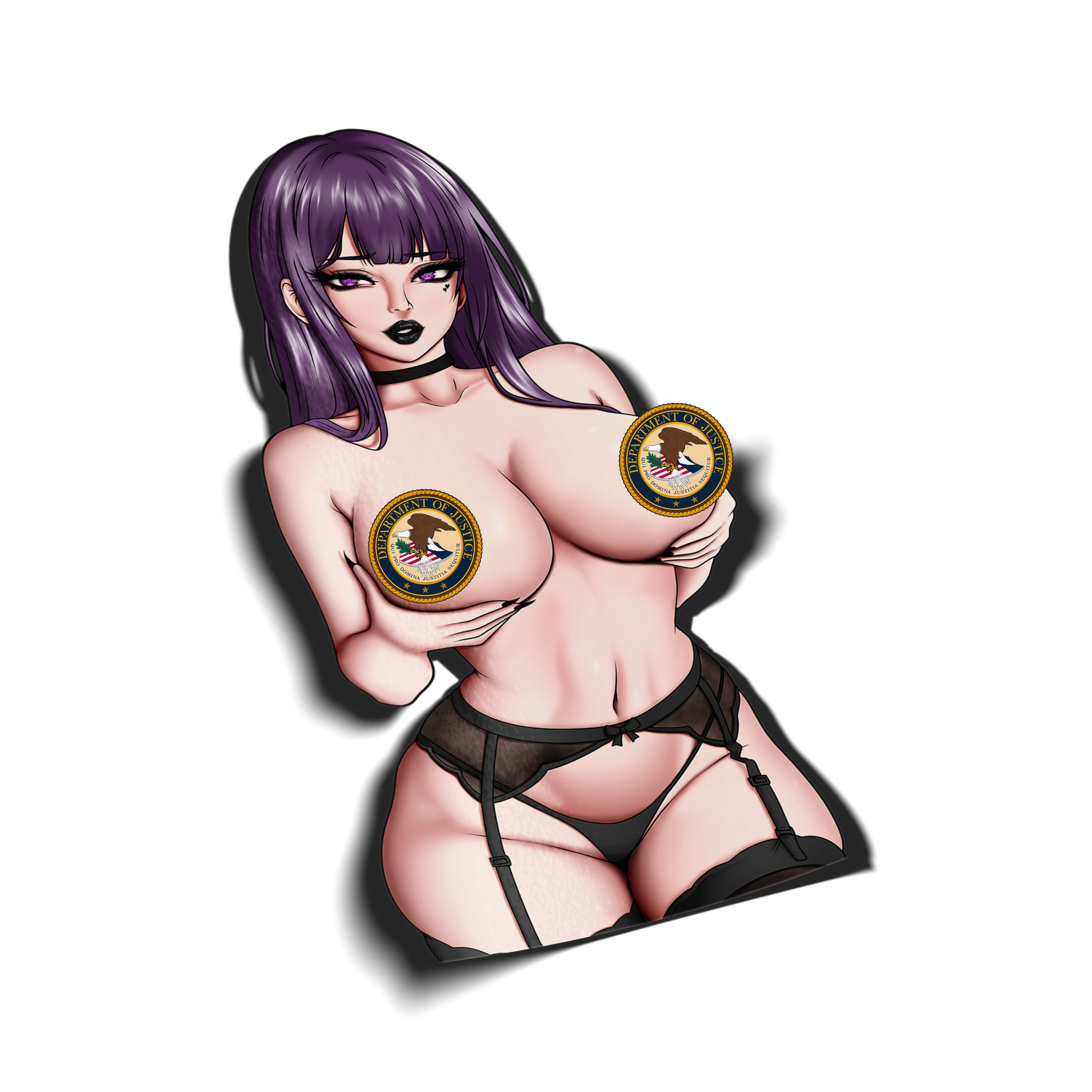 [Classified] Fern kiss-cut sticker on a transparent background, purple hair with bangs, censor badges, black garter lingerie set