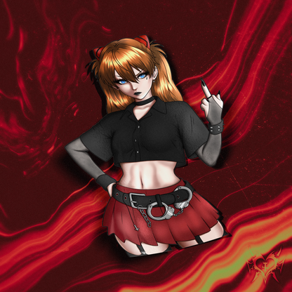 Goth Asuka kiss-cut sticker on a fiery red background, orange twin tails with red cat-ear clips, black cropped button-up, red plaid mini skirt with a handcuff belt, throwing up her middle finger