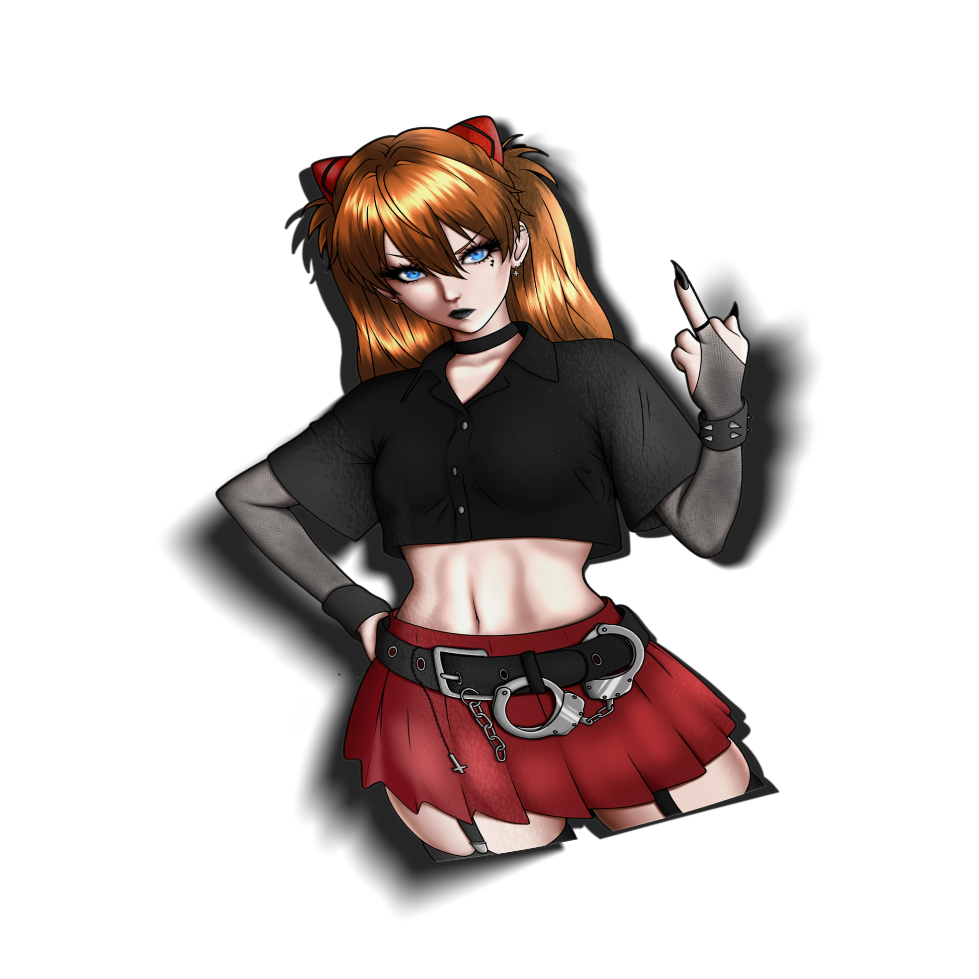 Goth Asuka kiss-cut sticker on a transparent background, orange twin tails with red cat-ear clips, black cropped button-up, red plaid mini skirt with a handcuff belt, throwing up her middle finger
