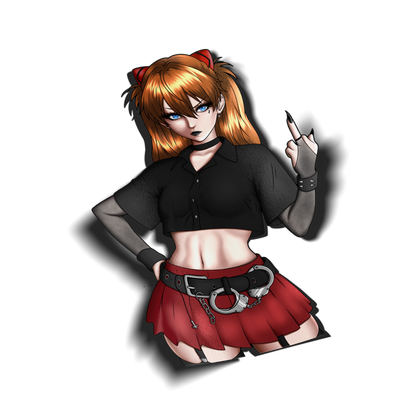 Goth Asuka kiss-cut sticker on a transparent background, orange twin tails with red cat-ear clips, black cropped button-up, red plaid mini skirt with a handcuff belt, throwing up her middle finger