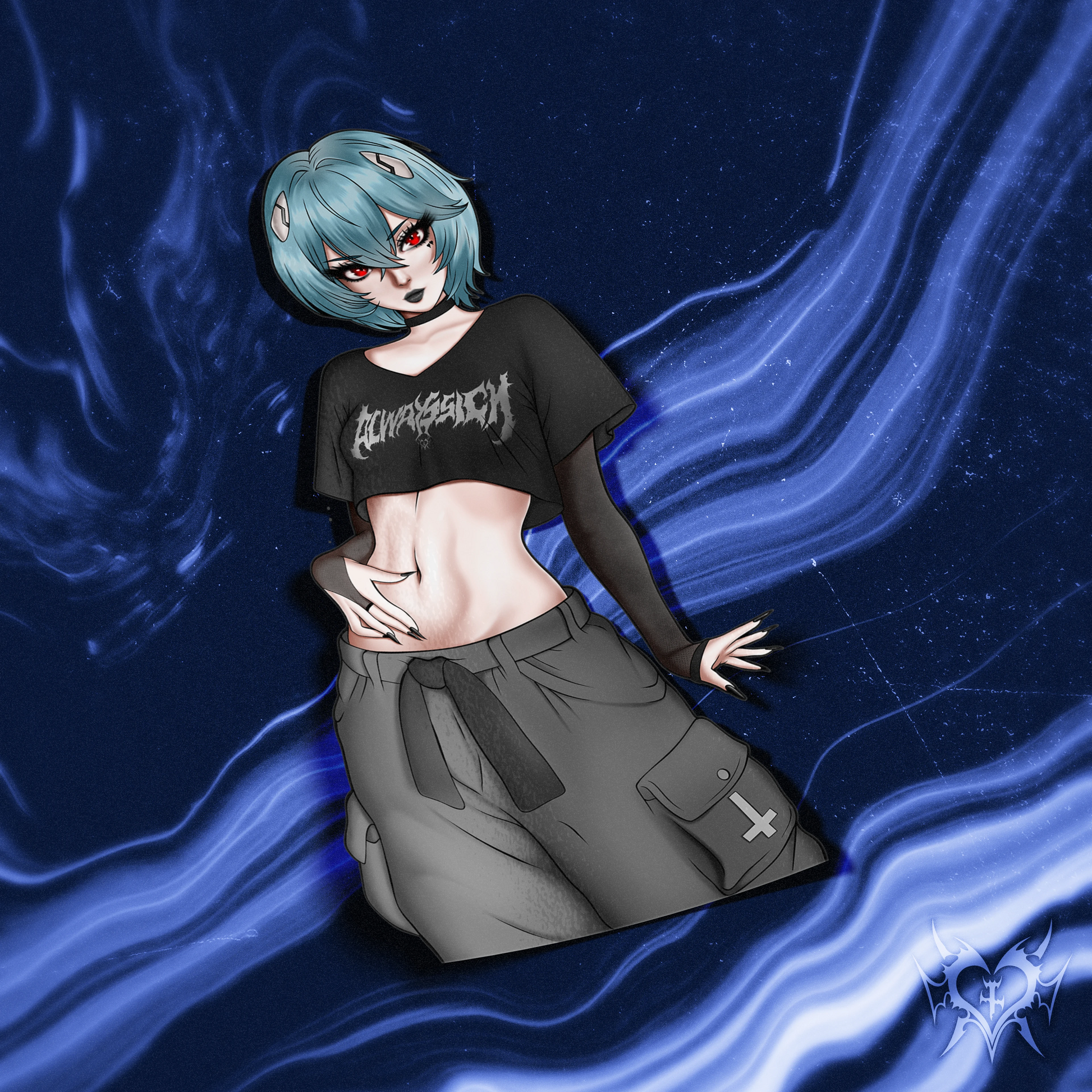Goth Rei kiss-cut sticker on a dark blue smoke background, teal bob haircut, black choker, cropped black graphic tee, gray cargo skirt