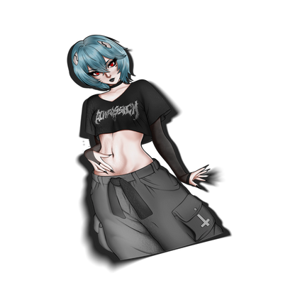 Goth Rei kiss-cut sticker on a transparent background, teal bob haircut, black choker, cropped black graphic tee, gray cargo skirt